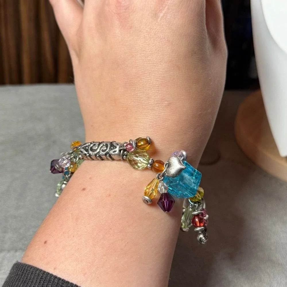 Y2K Multicolor Charm Bracelet Silver Tone Crystal Beaded Colorful Chunky 7